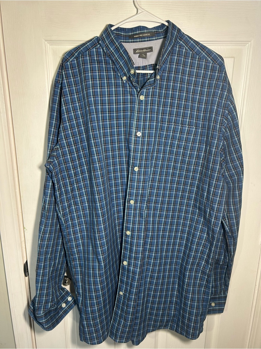Eddie Bauer Men's Blue Plaid Button-Down Shirt Mens XLT Cotton Wrinkle Free